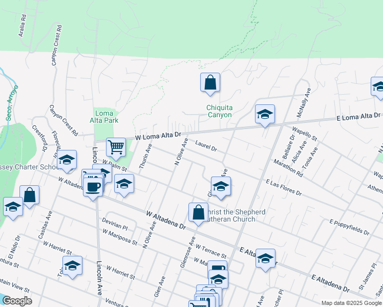 map of restaurants, bars, coffee shops, grocery stores, and more near 304 West Las Flores Drive in Altadena