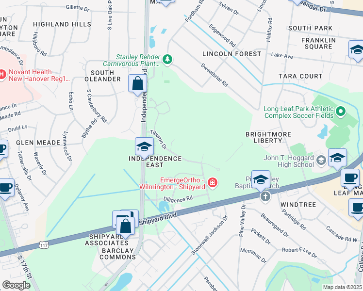 map of restaurants, bars, coffee shops, grocery stores, and more near 1741 Tiburon Drive in Wilmington