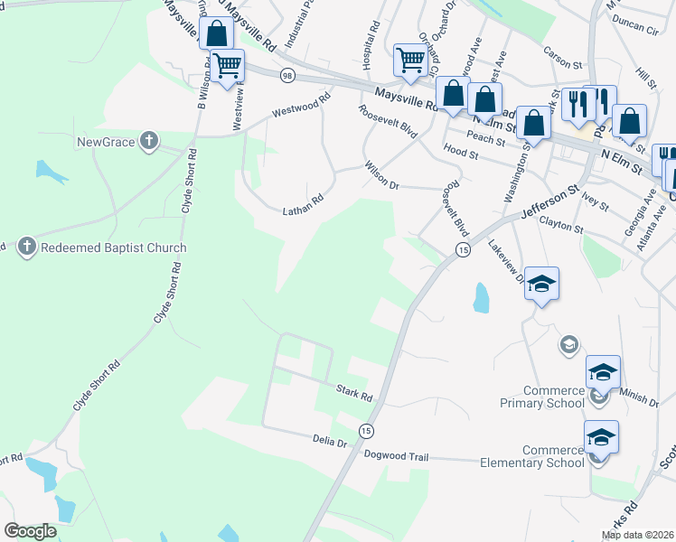 map of restaurants, bars, coffee shops, grocery stores, and more near 345 Lathan Rd in Commerce