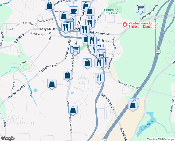 map of restaurants, bars, coffee shops, grocery stores, and more near 105 Enterprise Drive in Cumming