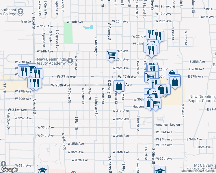 map of restaurants, bars, coffee shops, grocery stores, and more near 2719 South Cherry Street in Pine Bluff