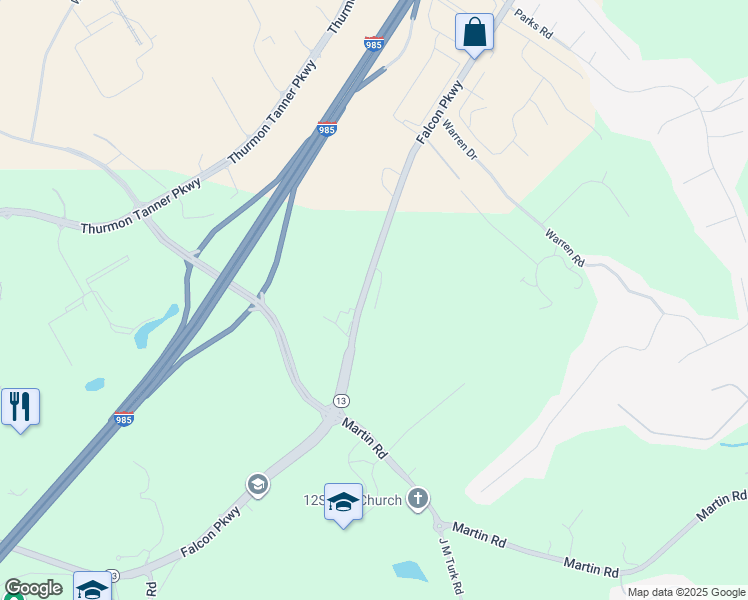 map of restaurants, bars, coffee shops, grocery stores, and more near 4121 Atlanta Highway in Flowery Branch