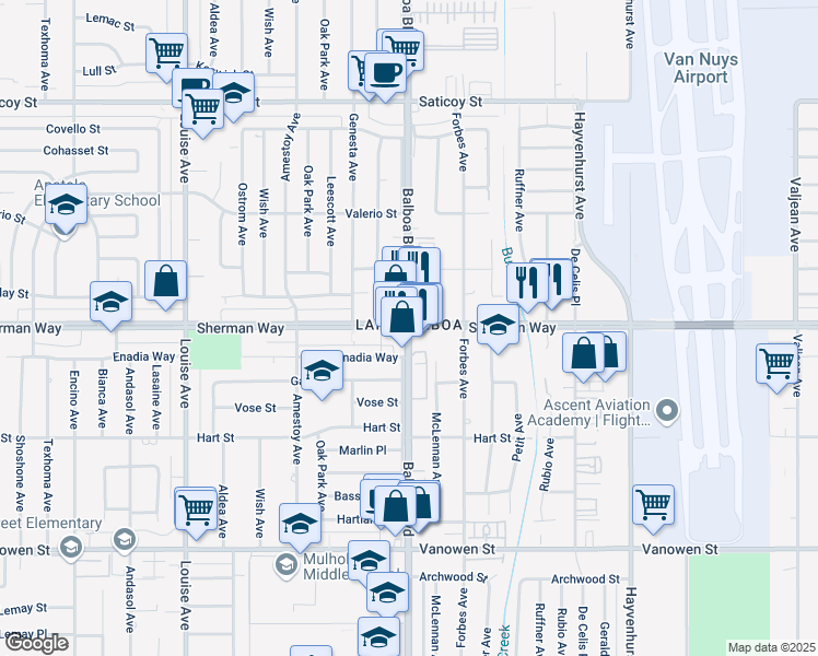 map of restaurants, bars, coffee shops, grocery stores, and more near Sherman Way in N. Hollywood