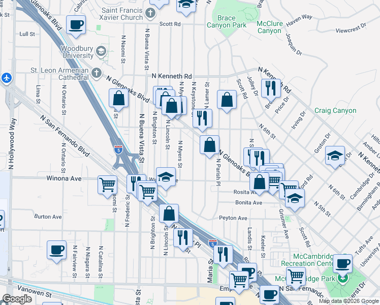 map of restaurants, bars, coffee shops, grocery stores, and more near 2407 North Keystone Street in Burbank
