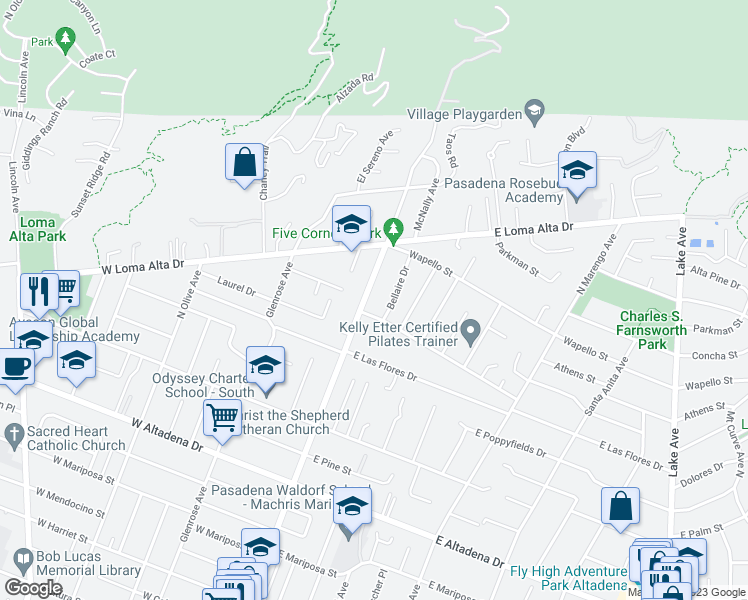 map of restaurants, bars, coffee shops, grocery stores, and more near 3288 Fair Oaks Avenue in Altadena