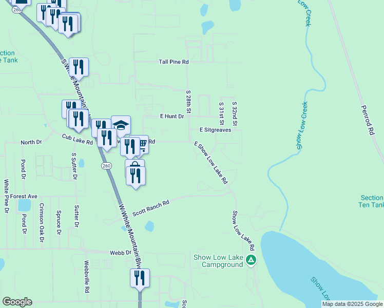 map of restaurants, bars, coffee shops, grocery stores, and more near 5201 South 28th Place in Show Low