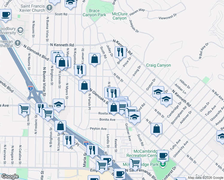 map of restaurants, bars, coffee shops, grocery stores, and more near 2427 Scott Road in Burbank