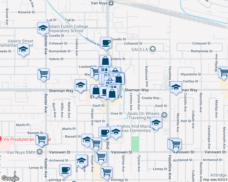 map of restaurants, bars, coffee shops, grocery stores, and more near 14421 Sherman Way in Los Angeles