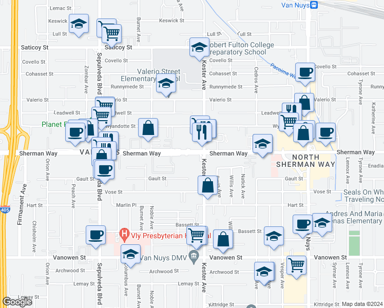map of restaurants, bars, coffee shops, grocery stores, and more near in Los Angeles