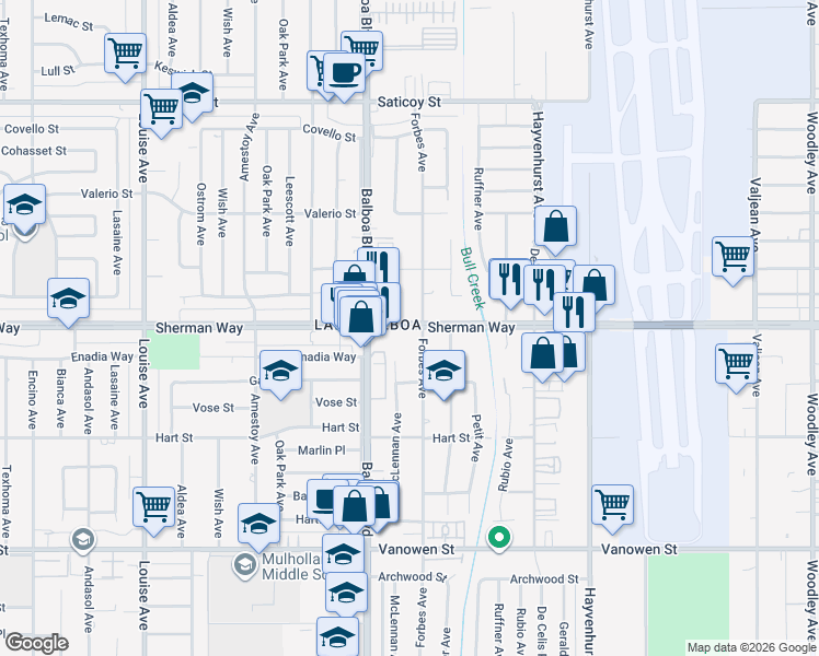 map of restaurants, bars, coffee shops, grocery stores, and more near 16831 Sherman Way in Los Angeles