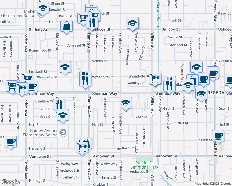 map of restaurants, bars, coffee shops, grocery stores, and more near 19105 Sherman Way in Los Angeles