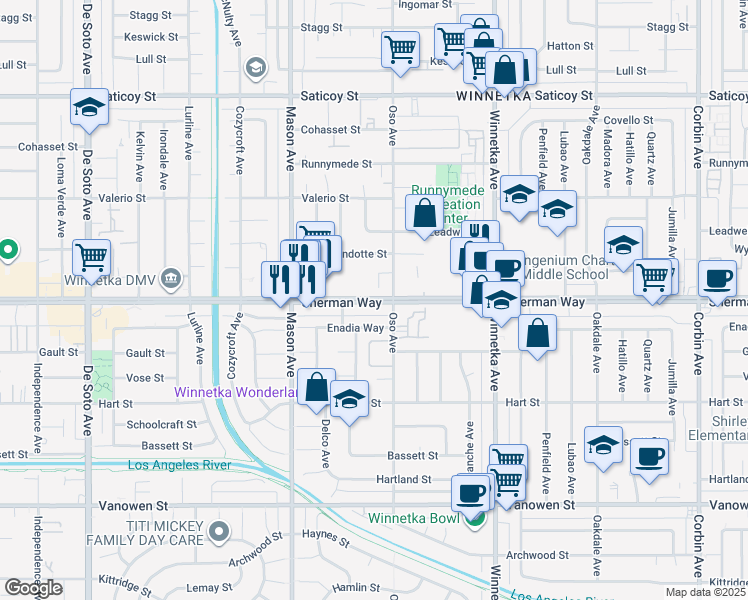 map of restaurants, bars, coffee shops, grocery stores, and more near 20325 Sherman Way in Los Angeles