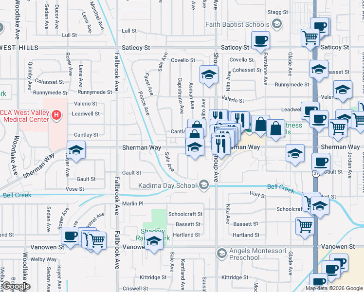 map of restaurants, bars, coffee shops, grocery stores, and more near 22506 Cantlay Street in Los Angeles