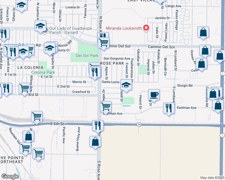 map of restaurants, bars, coffee shops, grocery stores, and more near 1835 Haaz Way in Oxnard