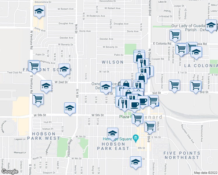 map of restaurants, bars, coffee shops, grocery stores, and more near 201 South D Street in Oxnard