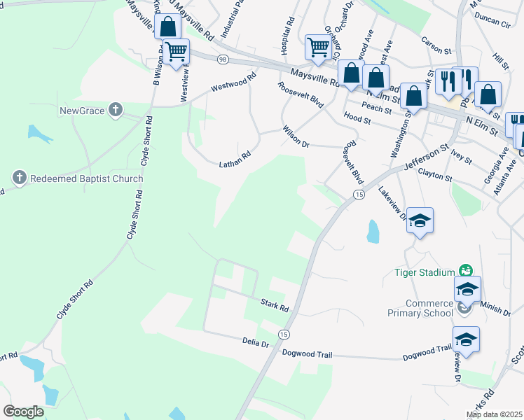 map of restaurants, bars, coffee shops, grocery stores, and more near 8569 Jefferson Road in Commerce