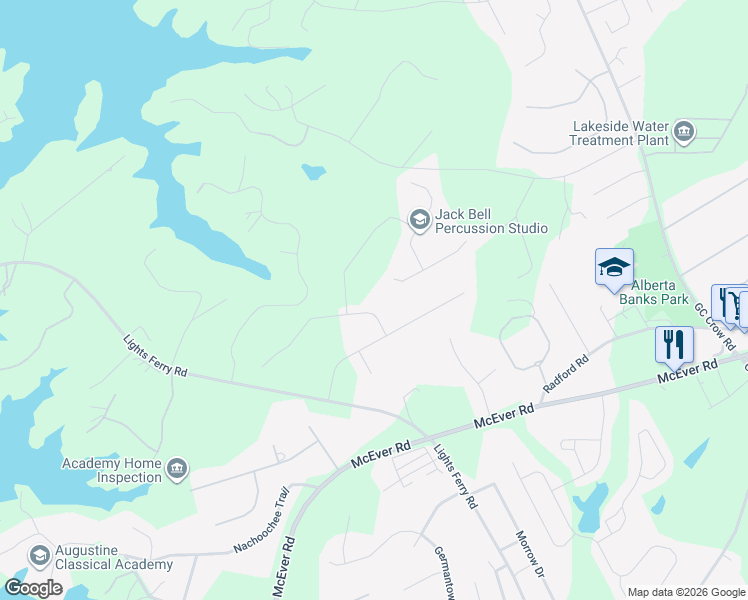 map of restaurants, bars, coffee shops, grocery stores, and more near 6318 Spring Cove Drive in Flowery Branch