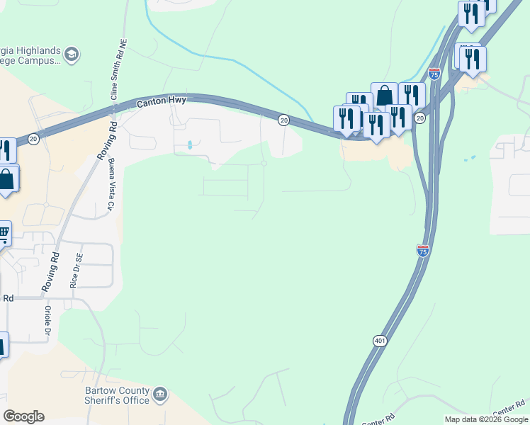 map of restaurants, bars, coffee shops, grocery stores, and more near 30 Backus Road Southeast in Cartersville