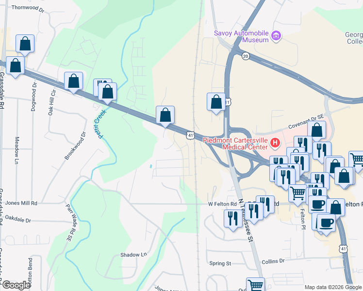 map of restaurants, bars, coffee shops, grocery stores, and more near 1463 Joe Frank Harris Parkway Southeast in Cartersville
