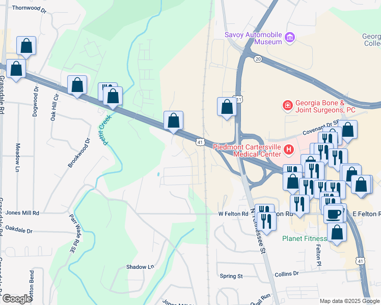 map of restaurants, bars, coffee shops, grocery stores, and more near Ellicot Way in Bartow County
