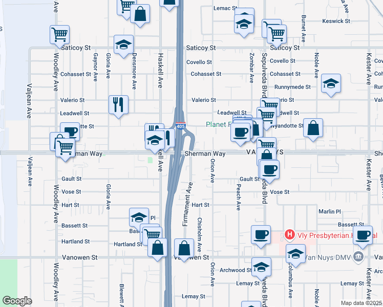 map of restaurants, bars, coffee shops, grocery stores, and more near Sherman Way & Firmament Avenue in Los Angeles