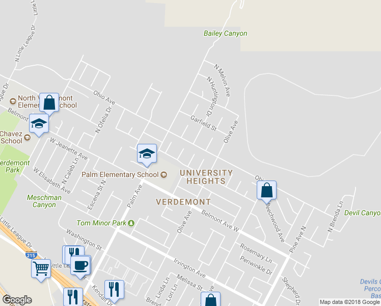 map of restaurants, bars, coffee shops, grocery stores, and more near 6614 North Churchill Street in San Bernardino