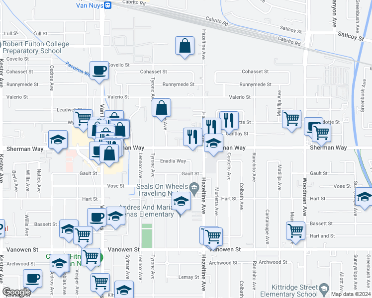 map of restaurants, bars, coffee shops, grocery stores, and more near 14140 Sherman Way in Los Angeles