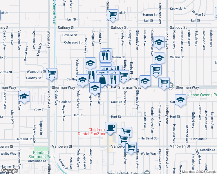 map of restaurants, bars, coffee shops, grocery stores, and more near 18020 Welby Way in Los Angeles