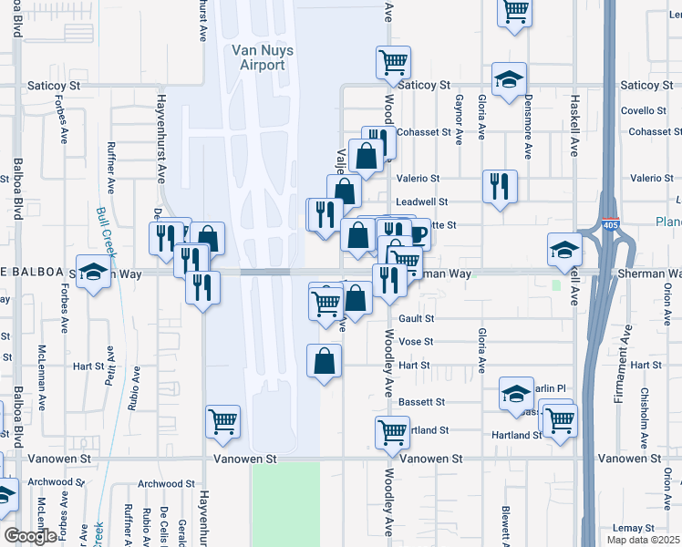 map of restaurants, bars, coffee shops, grocery stores, and more near Sherman Way & Valjean Ave in Los Angeles