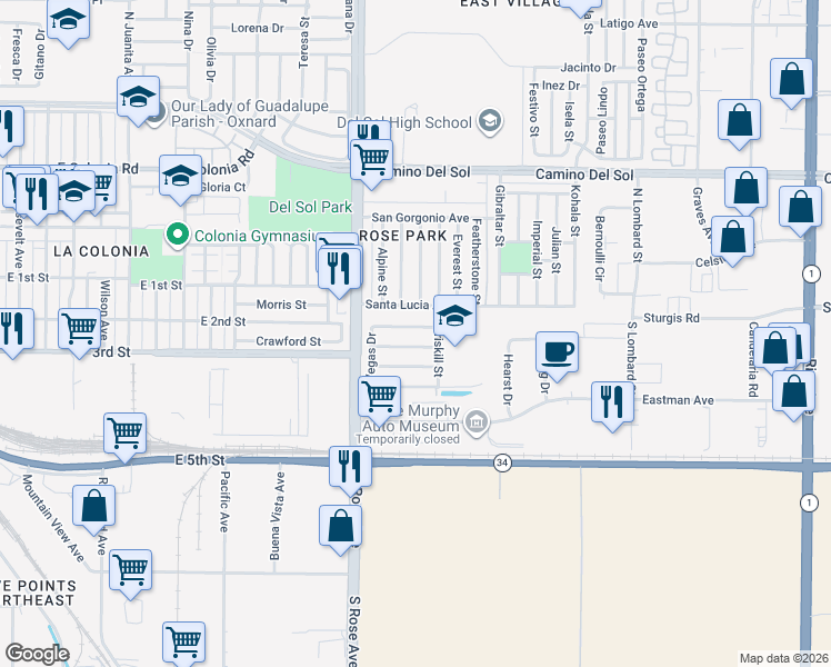 map of restaurants, bars, coffee shops, grocery stores, and more near 1911 Haaz Way in Oxnard
