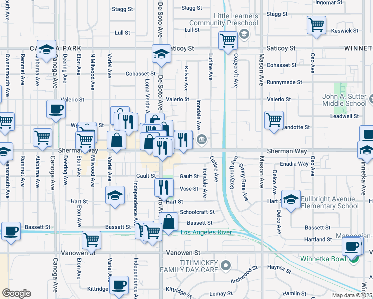 map of restaurants, bars, coffee shops, grocery stores, and more near Sherman Way & Kelvin Avenue in Los Angeles