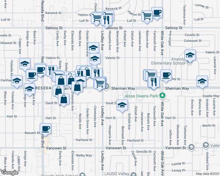 map of restaurants, bars, coffee shops, grocery stores, and more near 6506 Hesperia Avenue in Los Angeles