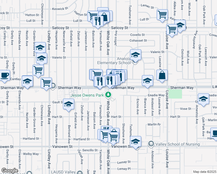 map of restaurants, bars, coffee shops, grocery stores, and more near 1/2 Van Nuys Boulevard in Los Angeles