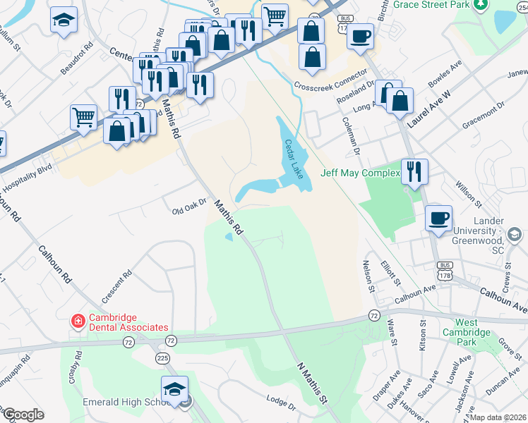 map of restaurants, bars, coffee shops, grocery stores, and more near 112 Cedar Drive South in Greenwood