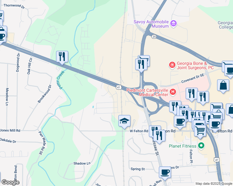map of restaurants, bars, coffee shops, grocery stores, and more near Ellicot Way in Bartow County