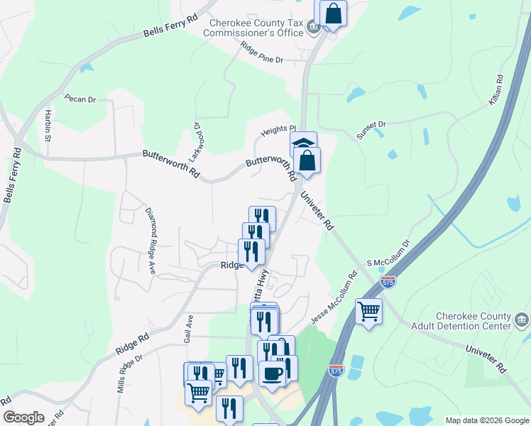 map of restaurants, bars, coffee shops, grocery stores, and more near 3330 Marietta Highway in Canton