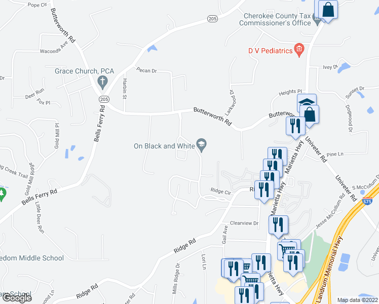 map of restaurants, bars, coffee shops, grocery stores, and more near 705 Capri Ridge in Canton