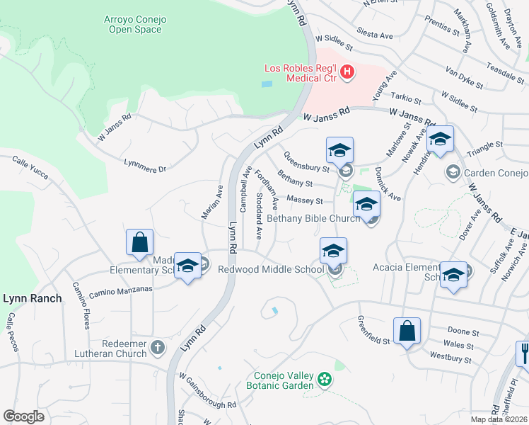 map of restaurants, bars, coffee shops, grocery stores, and more near Stoddard Avenue in Thousand Oaks