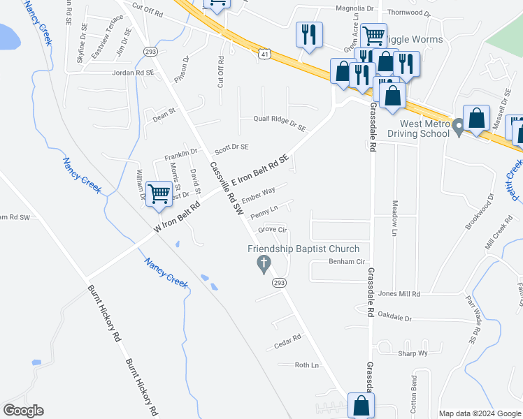 map of restaurants, bars, coffee shops, grocery stores, and more near 12 Penny Lane in Cartersville