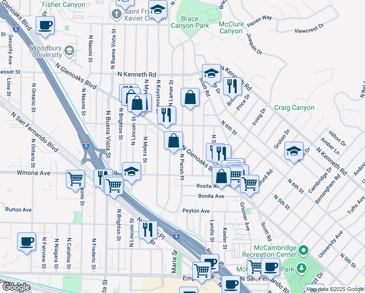 map of restaurants, bars, coffee shops, grocery stores, and more near North Glenoaks Boulevard & North Parish Place in Burbank