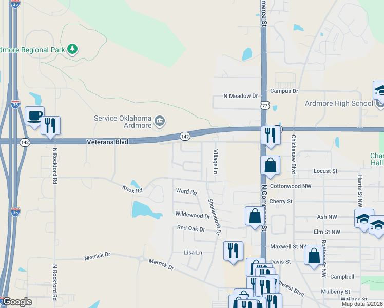 map of restaurants, bars, coffee shops, grocery stores, and more near 1611 Rustic Drive in Ardmore