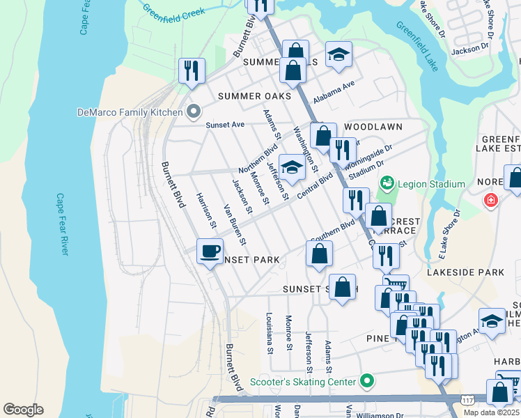 map of restaurants, bars, coffee shops, grocery stores, and more near 161 Central Boulevard in Wilmington
