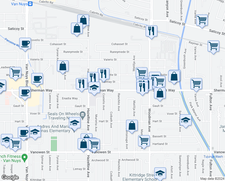 map of restaurants, bars, coffee shops, grocery stores, and more near 13924 Sherman Way in Los Angeles