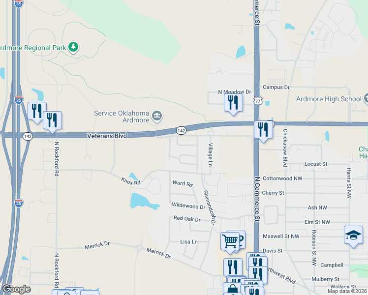 map of restaurants, bars, coffee shops, grocery stores, and more near 1611 Rustic Drive in Ardmore