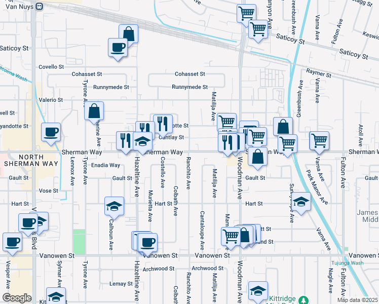 map of restaurants, bars, coffee shops, grocery stores, and more near Sherman Way & Ranchito Avenue in Los Angeles