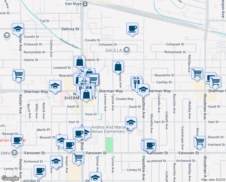 map of restaurants, bars, coffee shops, grocery stores, and more near Sherman Way & Tyrone Avenue in Los Angeles