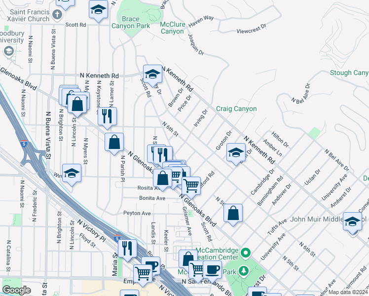 map of restaurants, bars, coffee shops, grocery stores, and more near 532 Irving Drive in Burbank