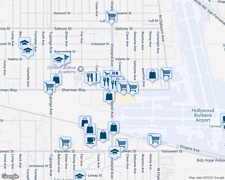 map of restaurants, bars, coffee shops, grocery stores, and more near Sherman Way & Vineland Avenue in Los Angeles