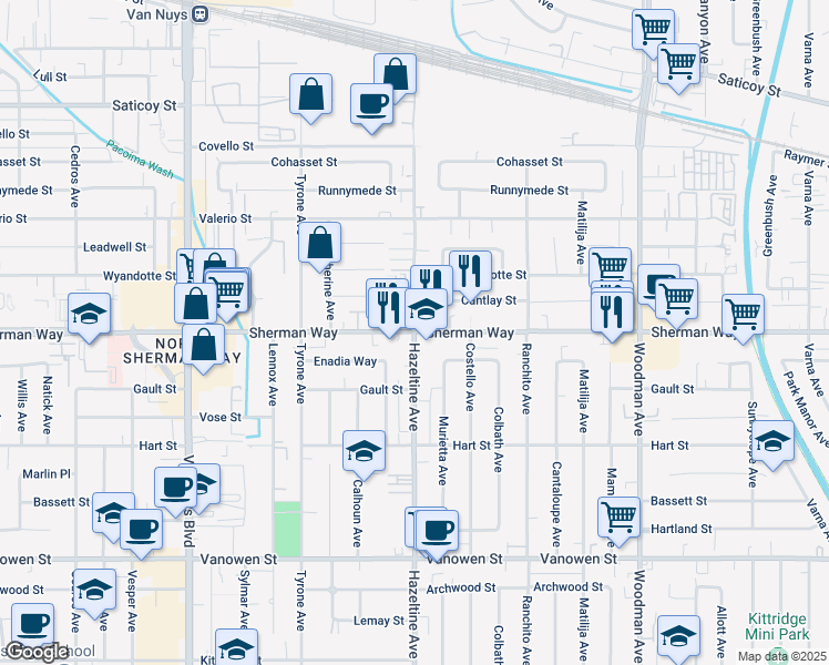 map of restaurants, bars, coffee shops, grocery stores, and more near Sherman Way & Hazeltine Ave in Los Angeles