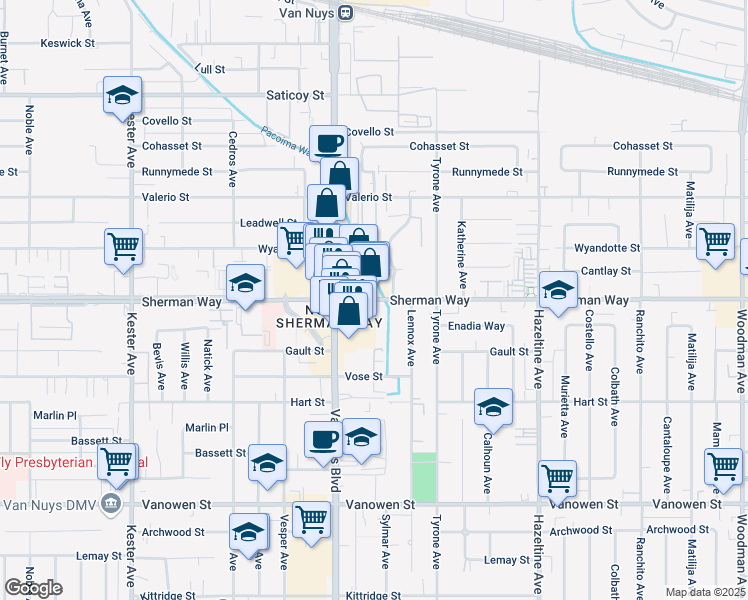map of restaurants, bars, coffee shops, grocery stores, and more near 14421 Sherman Way in Los Angeles